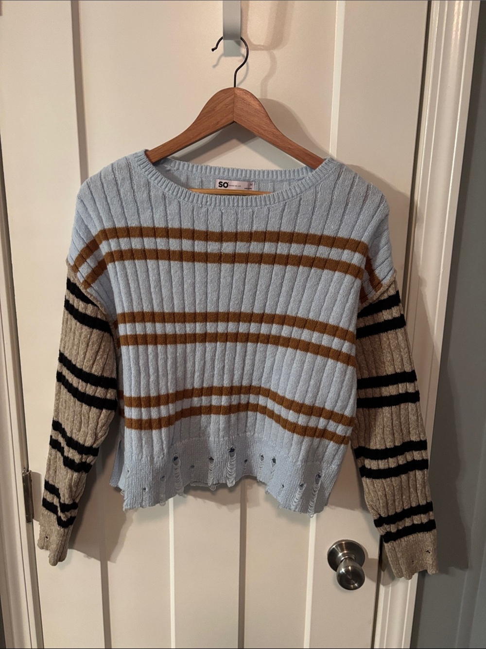 SO Light Blue Sweater with Beige and Black Striped Sleeves